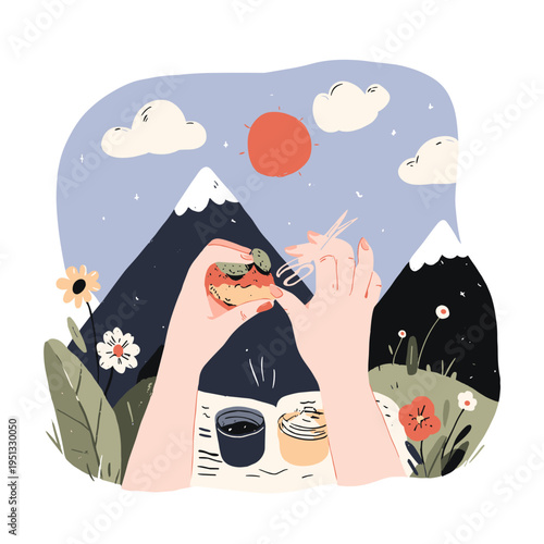 Paper Bird Collage Being Cut and Pasted onto Abstract Landscape