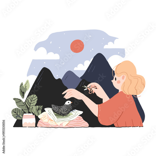 Paper Bird Collage Being Cut and Pasted onto Abstract Landscape