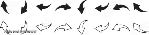 Various solid and outline curved arrow vector icons illustrating direction , rotation , undo and redo