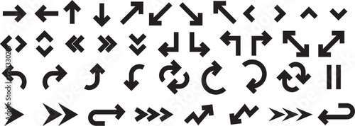 A  set of diverse simple black arrow icons pointing in many directions and various angles