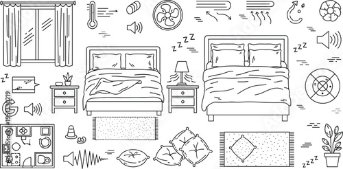Bedroom Interior and Sleep Environment Icon Set Featuring Bed Furniture, Night Routine Elements, Relaxation Symbols, Comfort Items, and Healthy Sleep Atmosphere Design