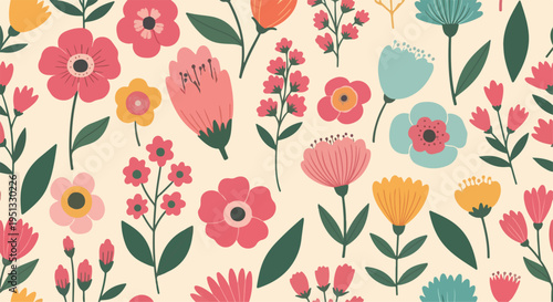 Cute hand drawn garden flowers seamless pattern in warm and cool harmony
