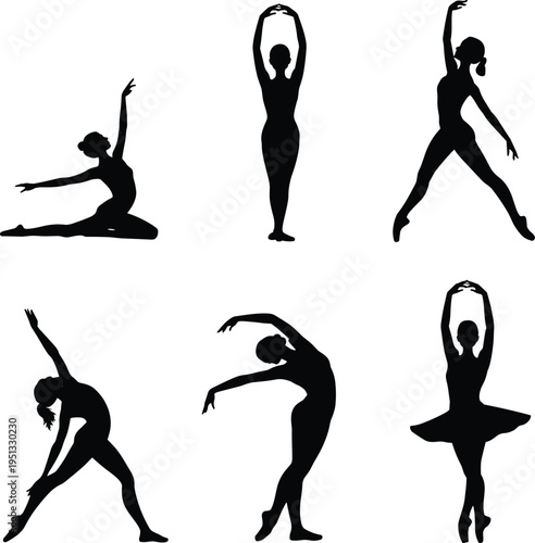 Ballet dancer silhouette set vector illustration, female ballet poses collection, graceful dance movements, classical ballerina performance icons isolated