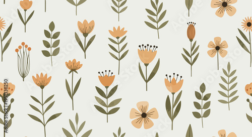 Charming spring garden seamless design with scattered blossoms and tiny decorative sprigs