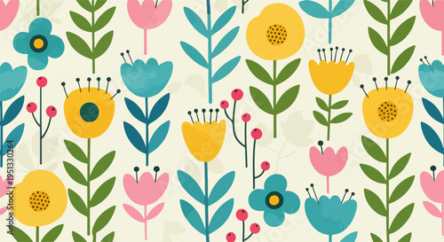 Seamless pastel floral pattern with roses, daisies, tulips, and leafy stems in soft muted vintage tones