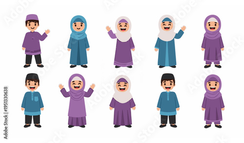 Happy Islamic children group traditional clothing vector illustration EPS10