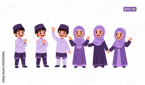 Muslim kids in traditional dress happy poses flat vector illustration
