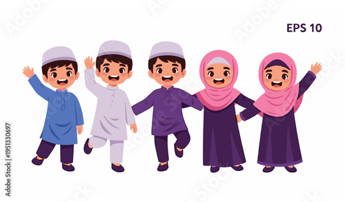 Happy Muslim children in traditional clothes celebrating vector illustration