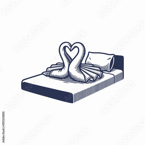 Towel swans forming a heart on hotel bed. Vintage hand drawn woodcut vector graphic