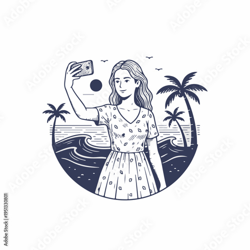 Girl taking selfie on beach vector graphic. Vintage hand drawn sketch of summer vacation and travel concept. Monochrome line art isolated on white background