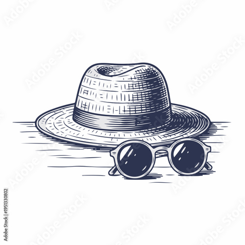 Vintage straw hat and sunglasses line art. Hand drawn summer vacation concept. Vector graphic isolated on white