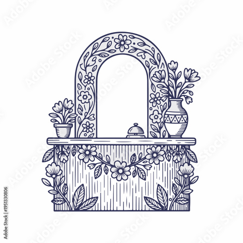 Vintage spa reception desk with floral decor line art. Hand drawn wellness center concept. Vector graphic isolated on white