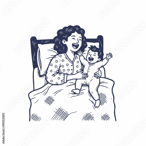 Mother and toddler laughing in bed. Vintage line art graphic. Happy family morning concept. Woodcut style vector isolated on white