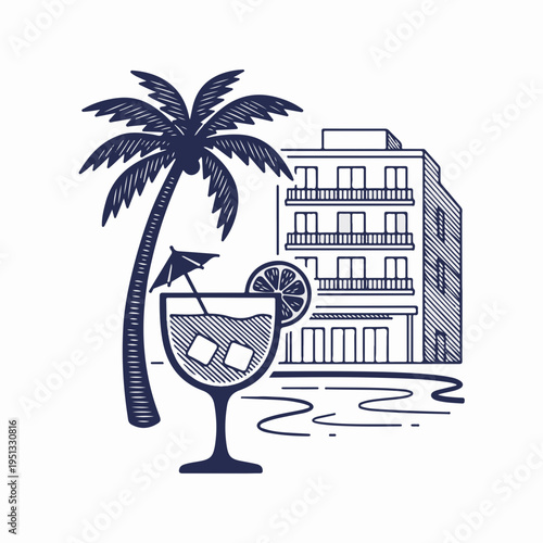 Vintage line art vector of a poolside cocktail and tropical hotel. Retro travel and vacation concept. Engraved style resort graphic isolated on white background