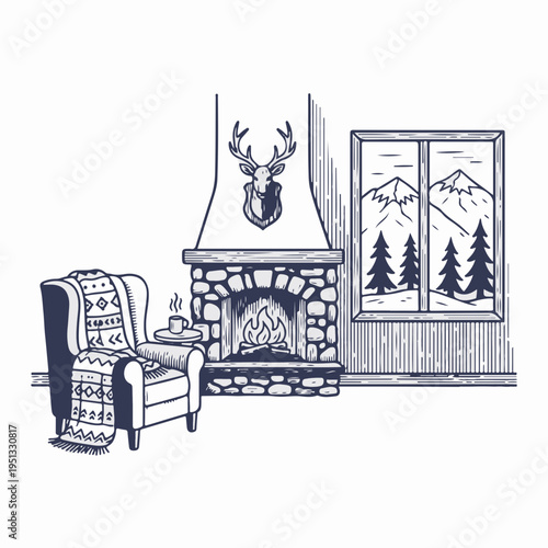 Vintage alpine hotel room with fireplace and mountain view. Hand drawn engraved style vector graphic
