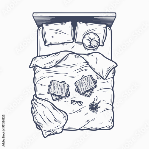 Top view of cozy messy bed with books and cat. Vintage hand drawn line art vector graphic