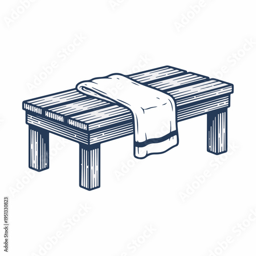 Traditional wooden sauna bench with towel. Vintage engraved style vector graphic