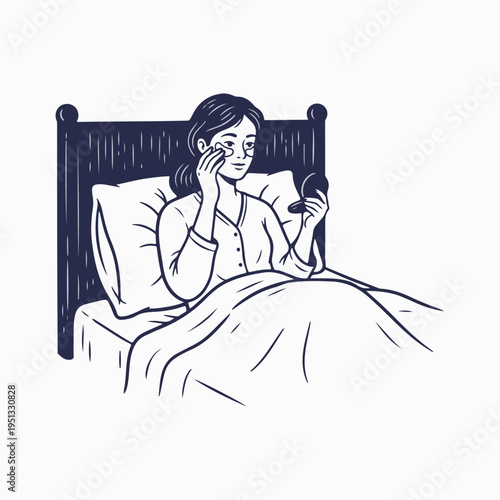 Vintage line art vector graphic of woman applying eye patches in bed. Female character holding mirror for skincare routine outline drawing. Beauty and self care concept isolated on white background