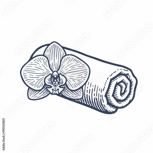 Rolled spa towel with orchid flower. Vintage hand drawn line art vector. Wellness and massage concept