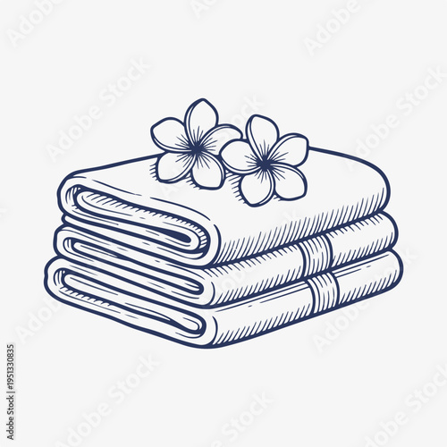 Stack of folded towels with plumeria flowers. Vintage line art vector design. Spa and wellness concept