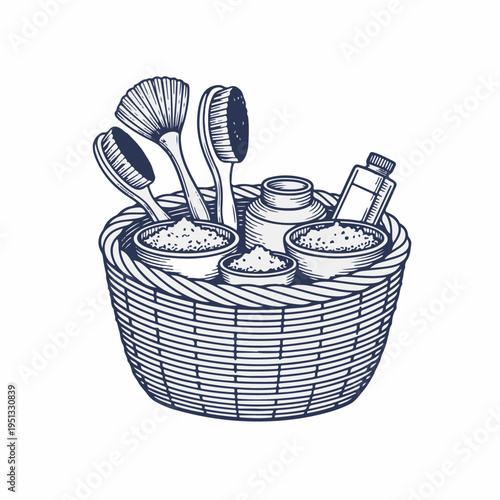 Vintage spa kit in wicker basket. Hand drawn line art vector graphic. Bath accessories and cosmetics concept