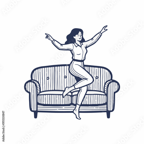 Vintage line art vector graphic of woman dancing barefoot on couch. Energetic female character jumping on retro sofa outline drawing. Home lifestyle and leisure concept isolated on white background