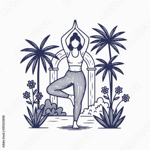 Vintage line art vector graphic of woman doing yoga tree pose. Tropical resort garden with palm trees and arch outline drawing. Wellness and fitness concept isolated on white background