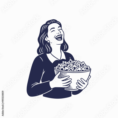 Vintage style line art vector graphic of a laughing woman holding a popcorn bowl. Retro monochrome flat design