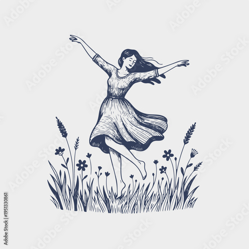 Vintage line art vector graphic of woman dancing barefoot in meadow. Female character in flowing dress among flowers and grass outline drawing. Nature and freedom concept isolated on white background