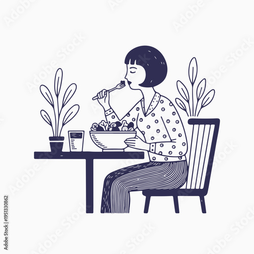 Vintage style line art vector graphic of a woman eating salad at a cafe. Retro monochrome flat design healthy diet concept