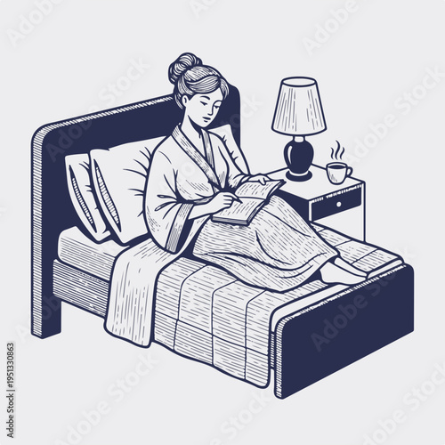 Vintage style line art vector graphic of a woman journaling in bed. Retro monochrome flat design with lamp and coffee cup