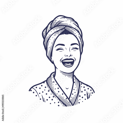 Laughing woman with towel on head. Vintage line art vector graphic. Engraved monochrome beauty and spa portrait design element