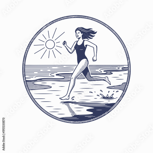 Vintage style line art vector graphic of a woman jogging barefoot on the beach. Retro monochrome flat design in circular badge