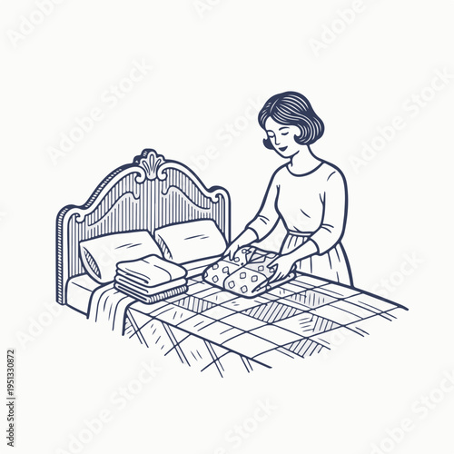 Vintage style line art vector graphic of a woman folding clothes on a bed. Retro monochrome flat design domestic lifestyle concept