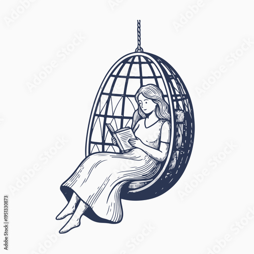 Woman reading book in hanging egg chair. Vintage line art vector graphic. Engraved monochrome design element isolated on white background
