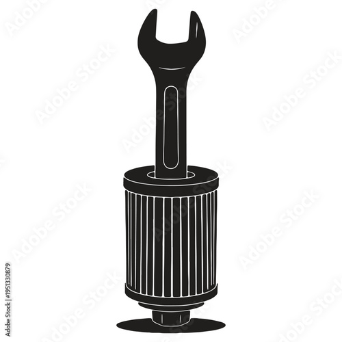 Spanner wrench tool on top of a filter housing or cylindrical object with ridged texture and shadow isolated on transparent background