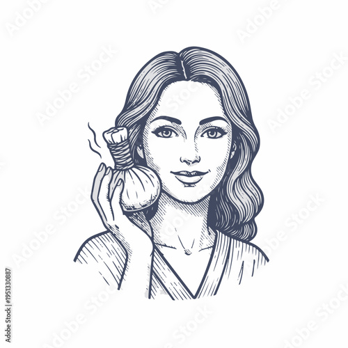 Vintage line art portrait of woman with herbal compress. Hand drawn sketch of spa and wellness concept. Vector graphic isolated on white background