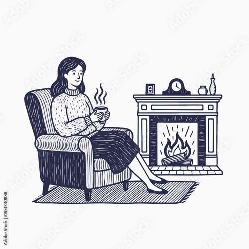 Vintage line art vector graphic of woman sitting by fireplace. Hand drawn sketch of cozy winter home interior. Vector design isolated on white background