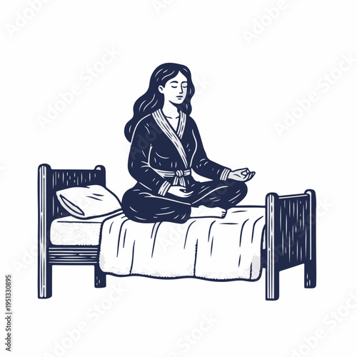 Woman meditating cross-legged on bed. Vintage line art vector graphic. Monochrome engraved wellness and mindfulness design element