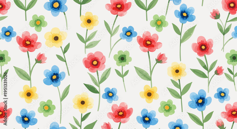 Fototapeta premium Bright multicolored flower pattern with small blossoms evenly distributed forming a lively and playful seamless textile design