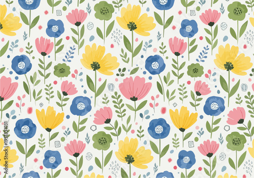 Colorful miniature blossoms scattered evenly forming a seamless floral background with a lively mood