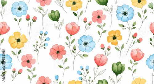 Seamless floral repeat with small blossoms in vibrant colors creating a lively and decorative surface