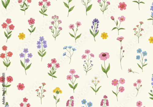 Seamless floral repeat with small blossoms in vibrant colors creating a lively and decorative surface