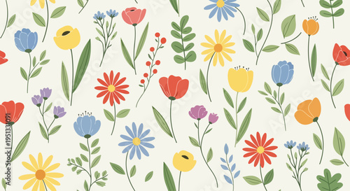 Seamless pattern with small vibrant flowers forming a dense and cheerful decorative surface