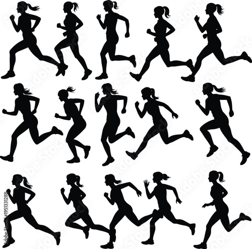 Running woman silhouettes collection, female runner jogging poses set, fitness sport vector illustration, black athlete shapes isolated design
