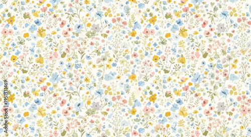 Colorful flower pattern with scattered blossoms creating a seamless and cheerful textile or wallpaper design