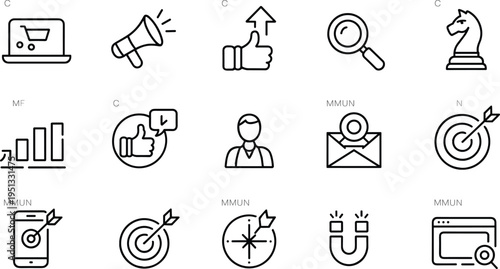Business and marketing icon set, digital marketing and analytics icons, ecommerce and conversion symbols, user engagement and SEO interface elements, target and magnet visuals