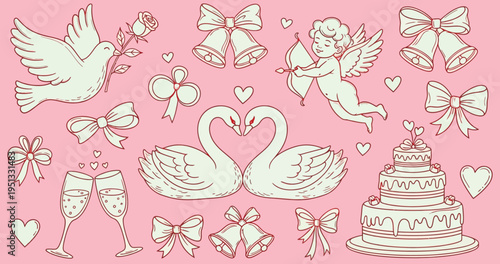 Romantic Valentine's Day and Wedding Vector Graphics Swans, Doves, Cupids, Bells, and Cakes on a Pink Background