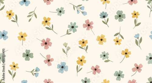Bright tiny flowers in multicolor shades forming a seamless repeat pattern with a playful and joyful appearance