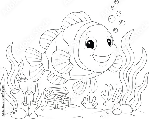 Cute clownfish coloring page with treasure chest, coral reef and bubbles, underwater ocean scene, detailed black and white line art illustration for kids coloring book